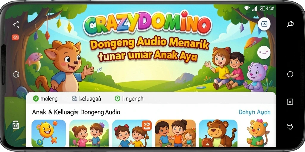 Antarmuka aplikasi CRAZYDOMINO yang ramah anak dengan berbagai pilihan dongeng.