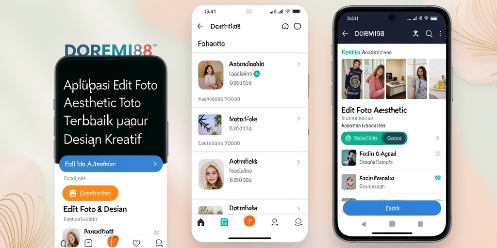 Antarmuka pengguna DOREMI88 dengan berbagai fitur edit foto aesthetic.