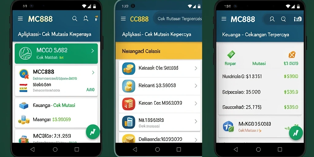 Screenshot antarmuka utama MC888 menampilkan fungsi Cek Mutasi keuangan.